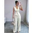 thumbnail image 4 of Women'S 2 Piece Outfits Elegant Blazer Vest Pockets Wide Leg Pant Suit Casual Matching Set White L, 4 of 7