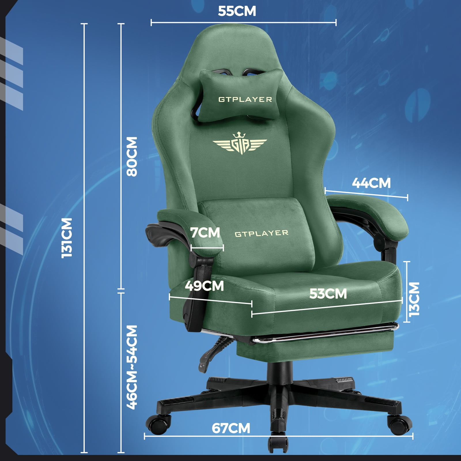 GTPLAYER Big & Tall Fabric Swivel Gaming Office Chair with Pocket Spring Cushion and Footrest, Green