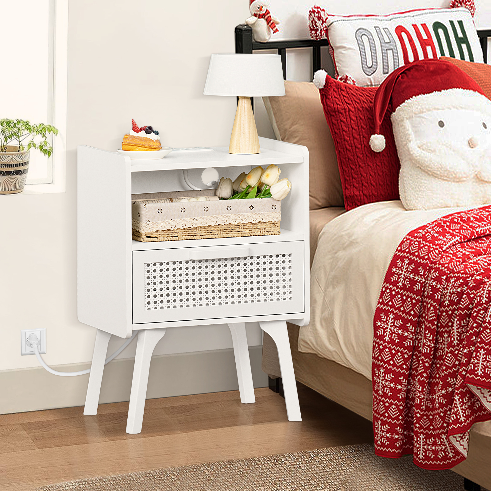 Farmhouse Nightstand with Storage Shelf & Drawer Bedside Tables End Table for Bedroom Modern Wood Side Table Living Room,White