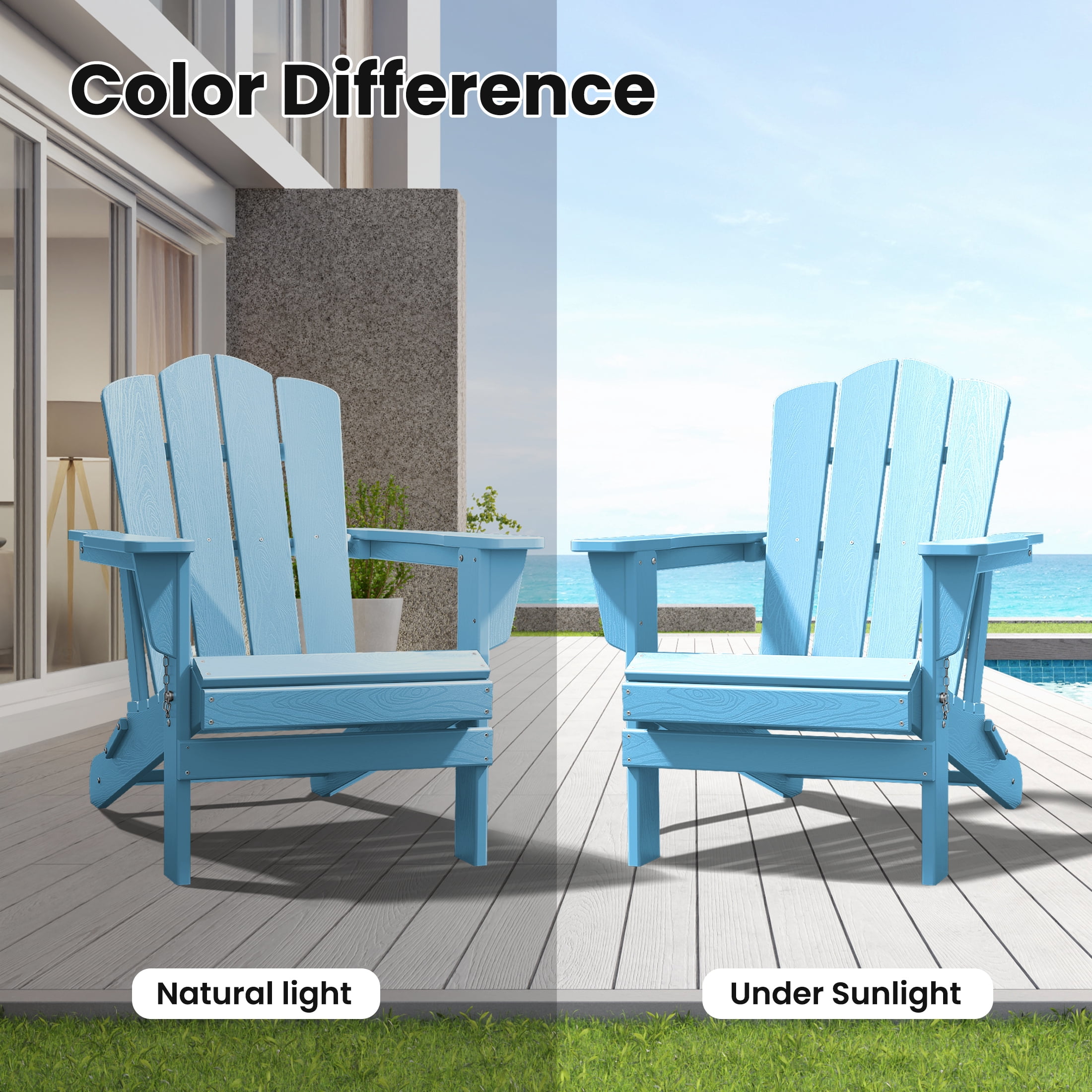 JUSTLET Adirondack Chair, Plastic Folding Outdoor Patio Chairs, Outside HDPE Chairs for Lawn, Yard, Light Blue