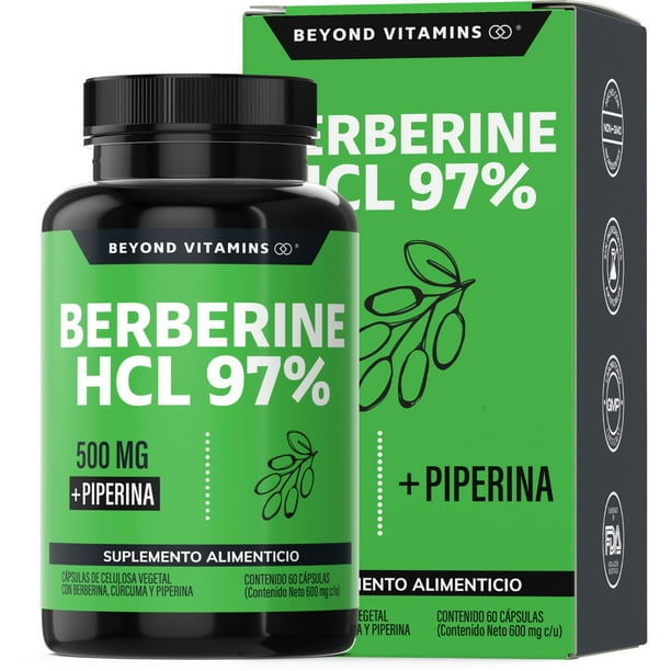 Berberina Hcl 97% | 500mg De Berberina Clorhidrato, Potenciado Con Piperina (pimienta Negra) Al 97% Y Raíz De Cúrcuma (curcumina, Curcuminoides) | Berberine - Vitaminas Mujer / Hombre -60 Cápsulas