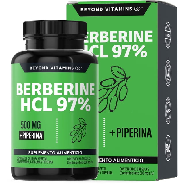 Berberina Hcl 97% | 500mg De Berberina Clorhidrato, Potenciado Con Piperina (pimienta Negra) Al 97% Y Raíz De Cúrcuma (curcumina, Curcuminoides) | Berberine - Vitaminas Mujer / Hombre -60 Cápsulas