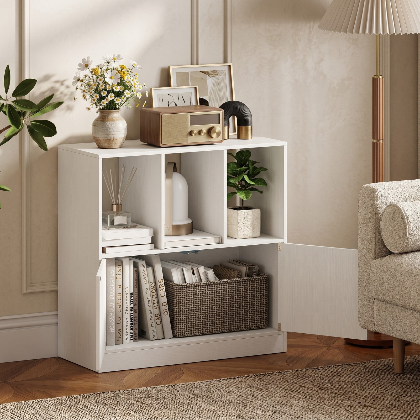 Furnibear 3-Cube Bookcase with Doors, 3-Tier Cube Bookshelf with 2-Door Storage Cabinet and Open Compartments, Anti-Tip Wood Cubby Organizer Shelf for Living, White