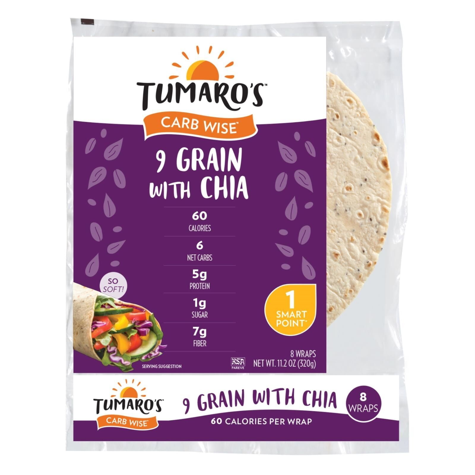Tumaro's 8' Wraps, Carb Wise, 9 Grain with Chia, 11.2 oz., 8 ct