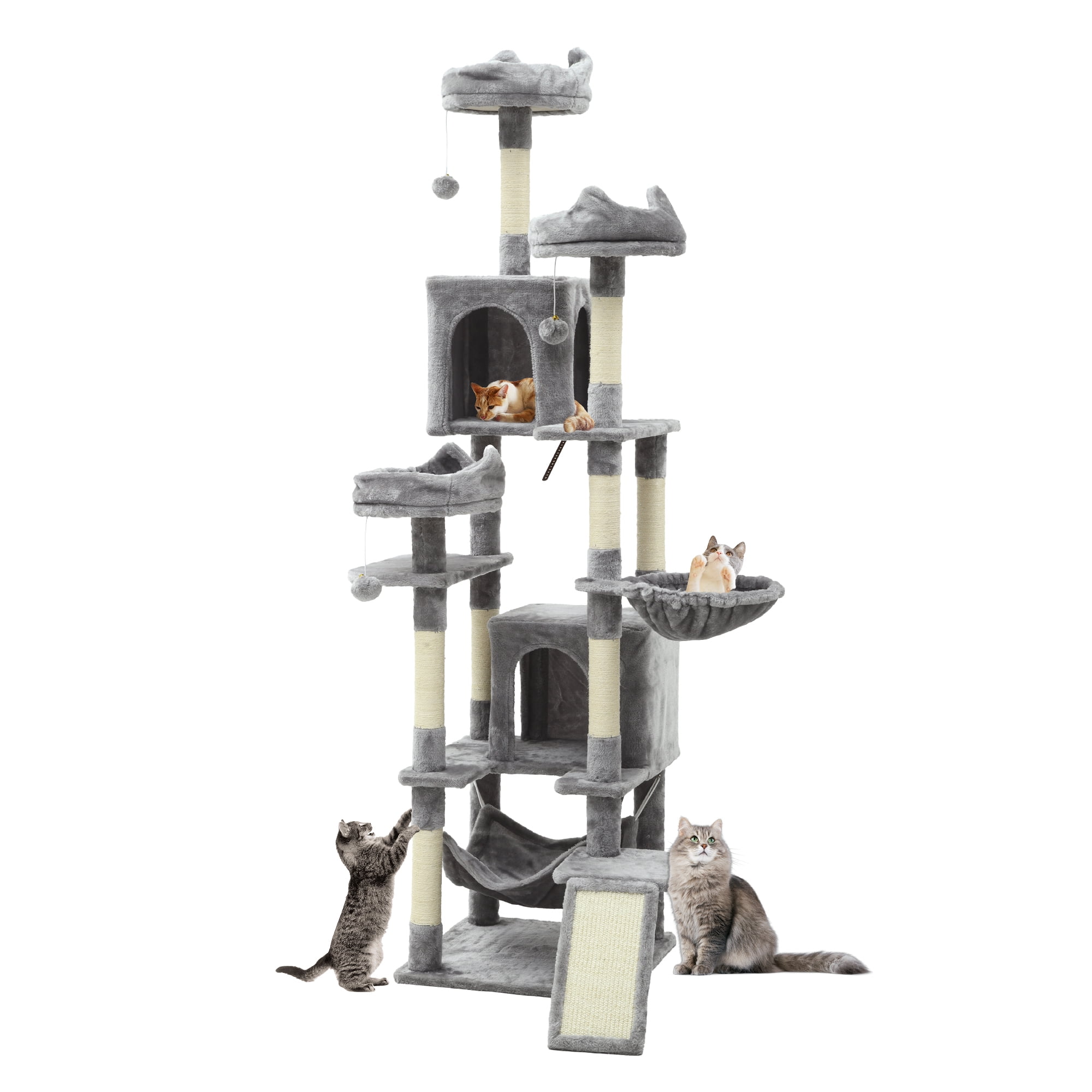 Uforic 75in Large Cat Tree Tower, Multi-Level Cat Condos, with Scratch Posts, Cozy Basket Hammocks, Top Perches, Sisal Ramp, Light Gray