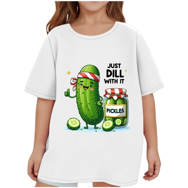 T-shirt à Manches Courtes Col Rond pour Enfants, Design Imprimé Cornichon Acide, Mélange 80 % Coton 20 % Polyester, Tissu Doux et Confortable, Usage Quotidien Décontracté, Convient aux Garçons et Filles de 2 à 14 Ans