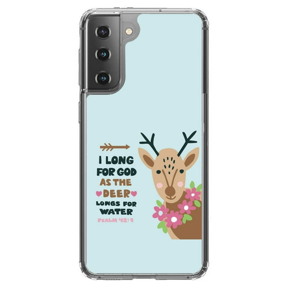 DistinctInk Clear Shockproof Hybrid Case for Galaxy S21 5G (6.2" Screen) - TPU Bumper, Acrylic Back, Tempered Glass Screen Protector - Psalm 42:1 - Long for God as the Deer Water