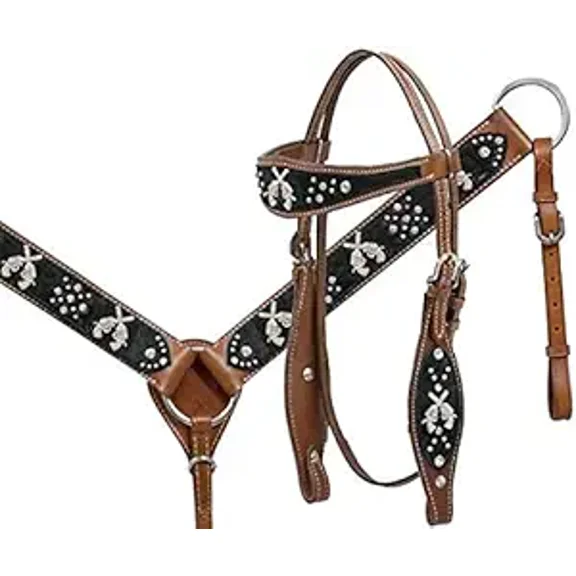 Western Headstall Breast Collar Reins & Wither Straps Tack Set Cowhide Leather Handmade Beaded Tooled Carved Horse Saddle Riding Tooling Carving Equestrian Size Full