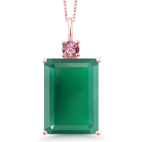 Gem Stone King 18K Rose Gold Plated Silver Green Onyx and Pink Lab Grown Diamond Pendant Necklace for Women (15.89 Cttw, Emerald Cut 18X13MM, With 18 inch Silver Chain)