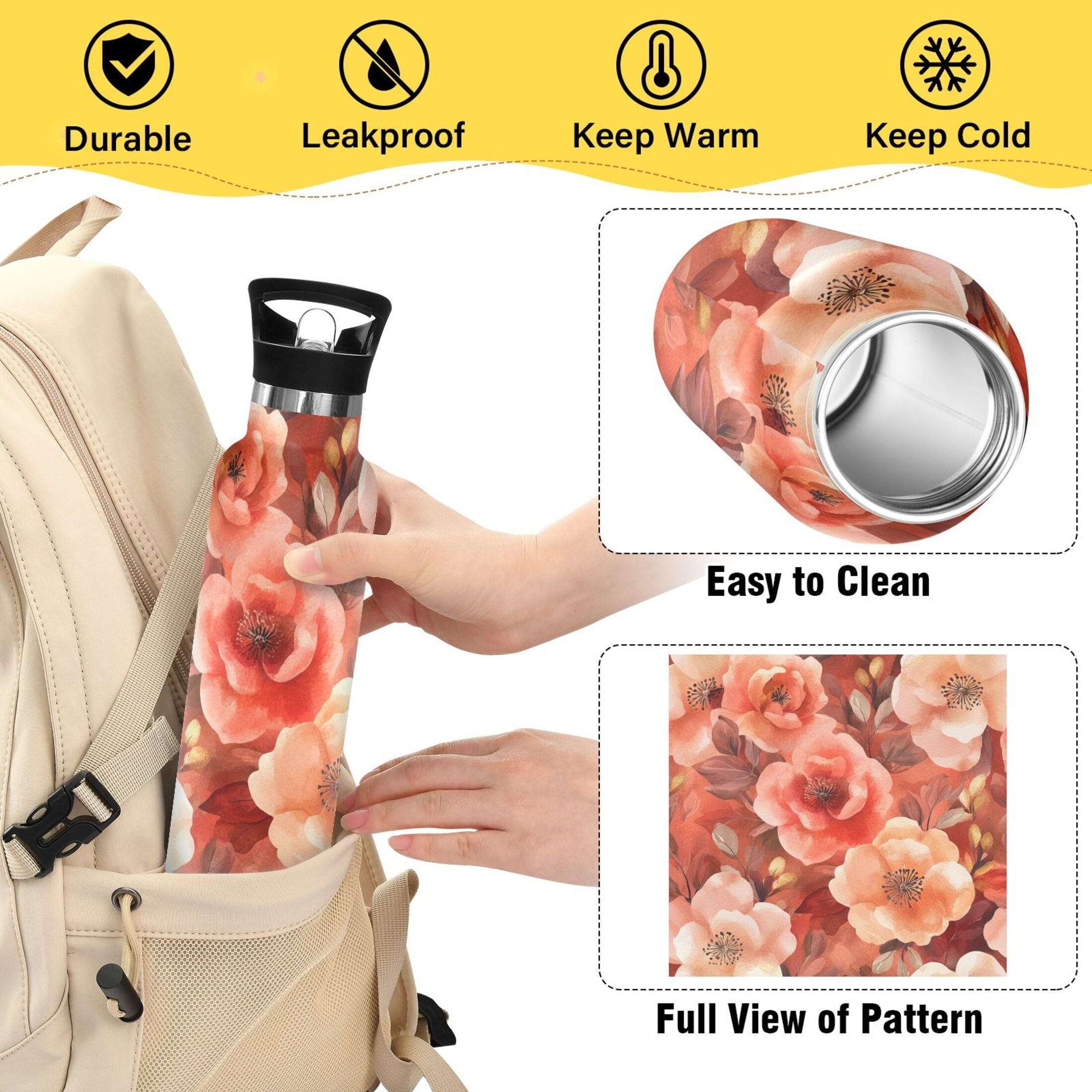 600ML Stainless Steel Insulated Cup Sports Water Bottle Portable Thermos Cup Water Glasses Insulated Tumblers Convenient and Durable Vibrant Orange Flowers