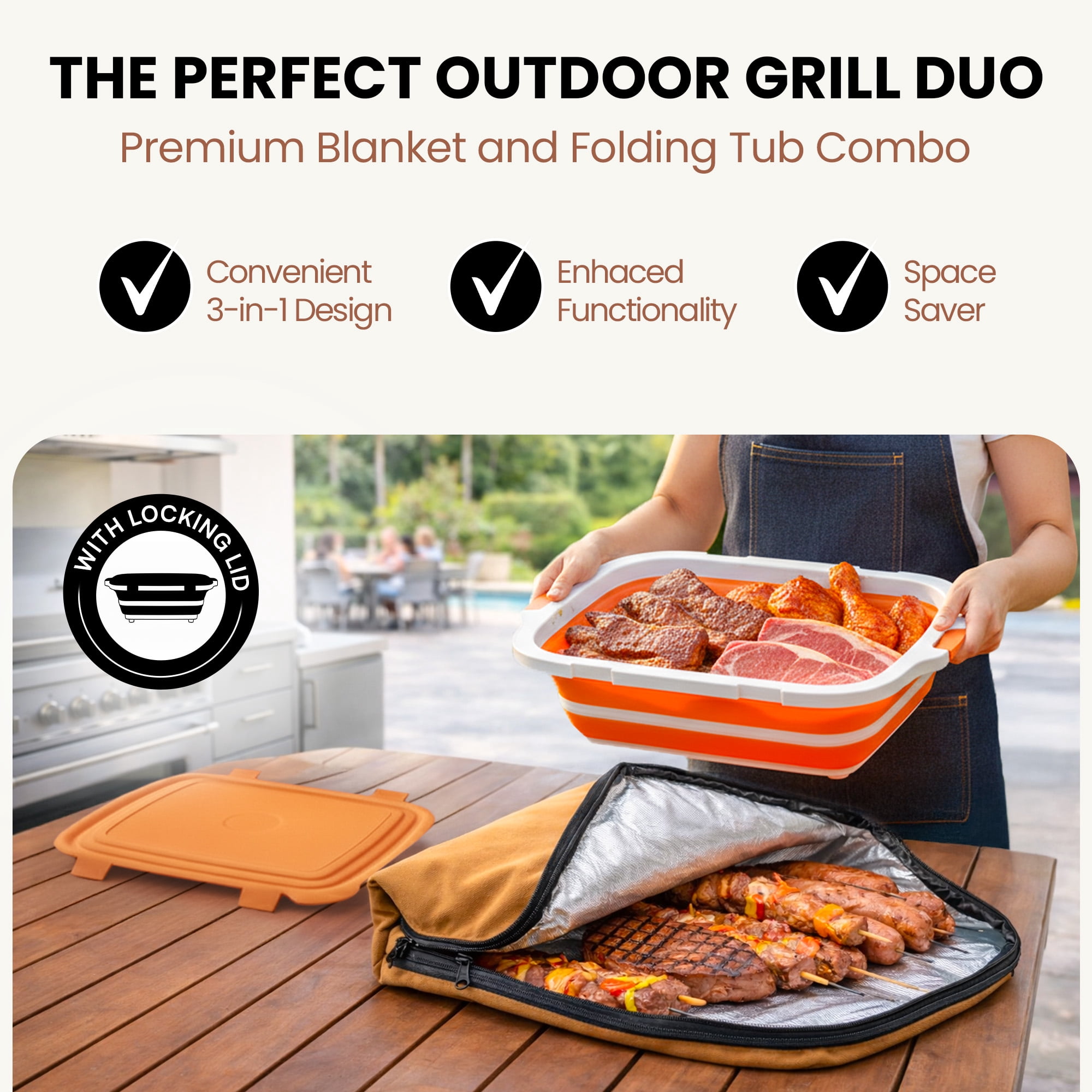 Havenity Collapsible BBQ Prep Tub 16L with BBQ Blanket - For Meal Prep, Marinating, Food Storage - Includes Cutting Board Lid - Orange - XL