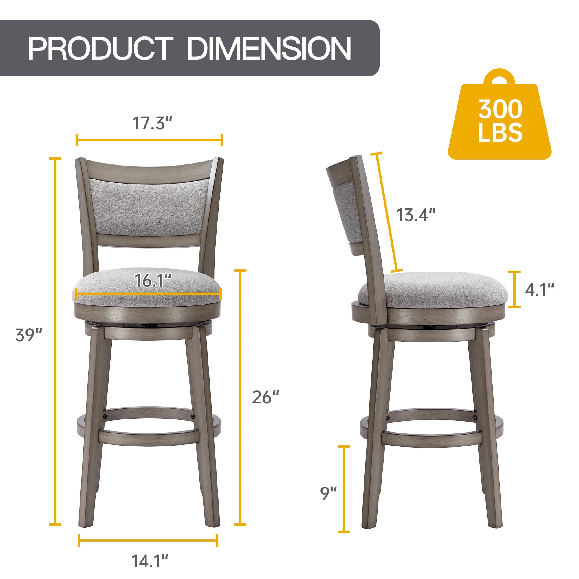26" Counter Height Swivel Bar Stools Set of 2 Barstools with High Back Pub Seat Stools Set for Kitchen Island, 2 Pack