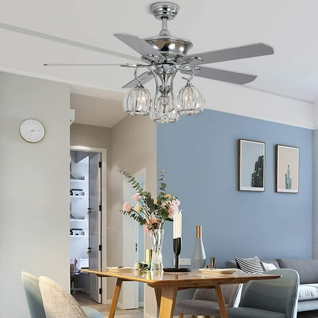 

WUZSTAR 52 Inch Crystal Chrome Ceiling Fan Light Remote Control Fan Chandelier with 5 Reversible Blades 3 Glass Lamp shades