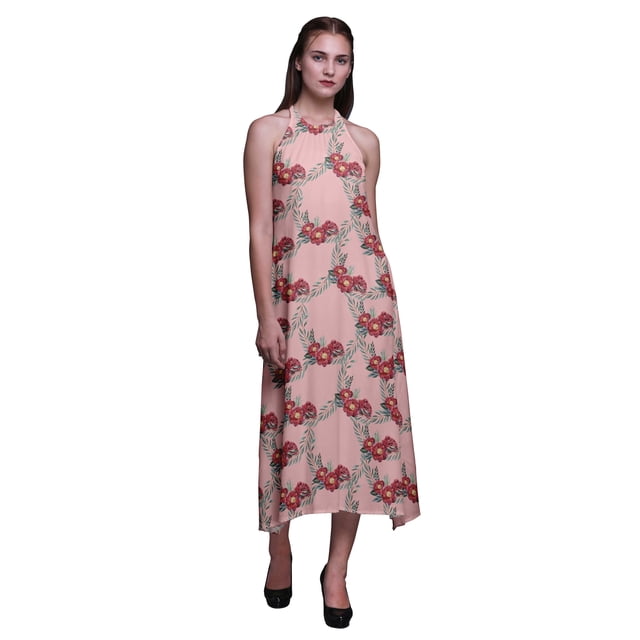 Bimba Robe de Plage Dos Nu Imprimée à Fleurs pour Femmes, Col Halter, Petite Taille