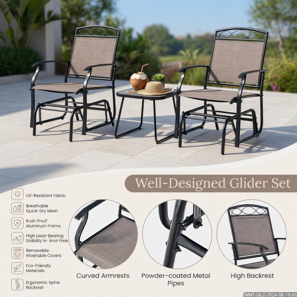 Hommoo 2-Piece Outdoor Metal Glider Armchair Set, Rust-Resistant Powder-Coated Frame, Fade-Resistant Breathable Fabric, High-Back Ergonomic Design for Porch, Patio & Poolside, Brown