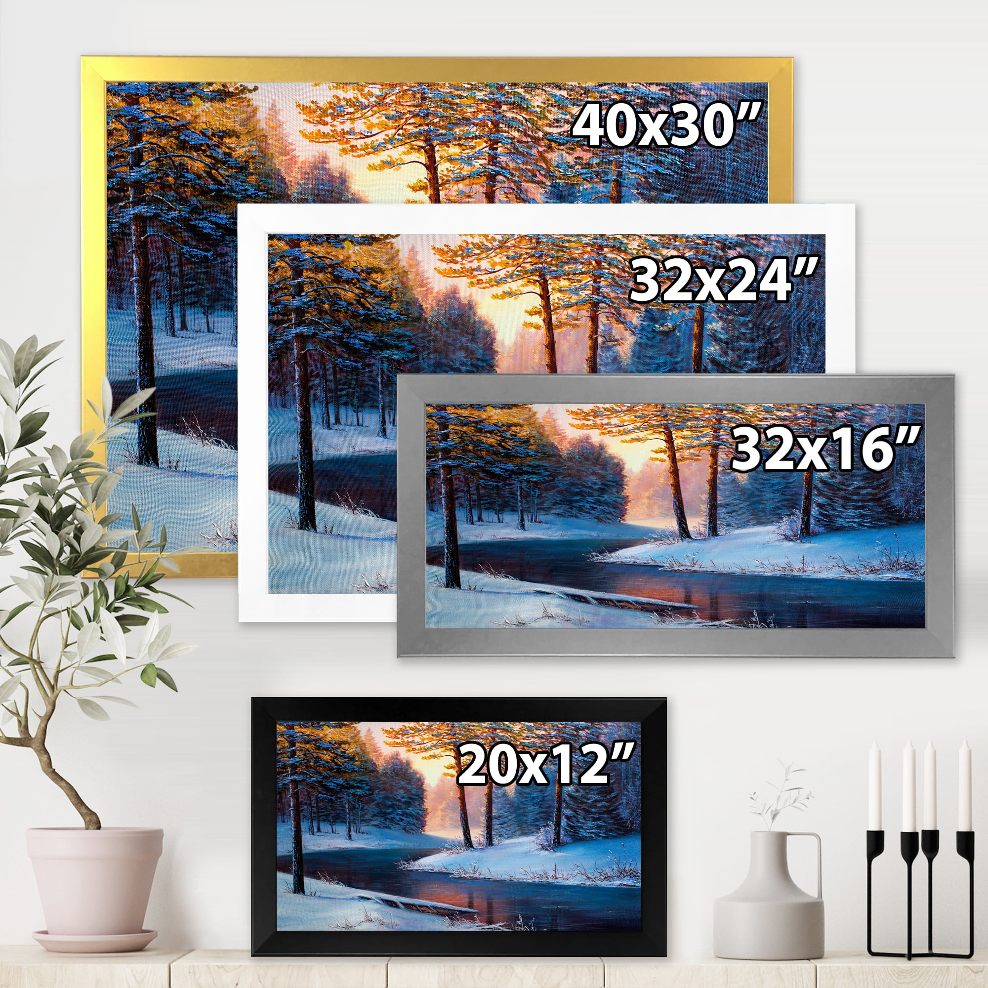 Designart 'Morning Glow Through The Christmas Forest By The River' Lake House Framed Art Print