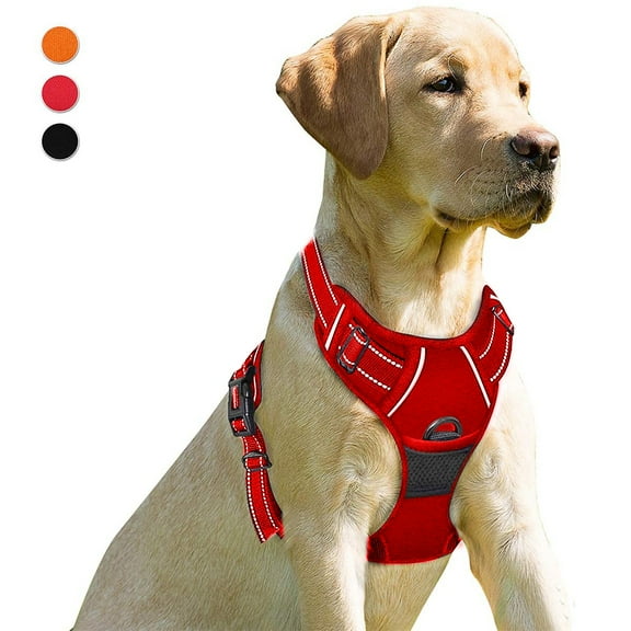 Dog Harness No Pull, Walking Pet Harness with 2 Metal Rings and Handle Adjustable Reflective Breathable Oxford Soft Vest Easy Control Front Clip - Red, L