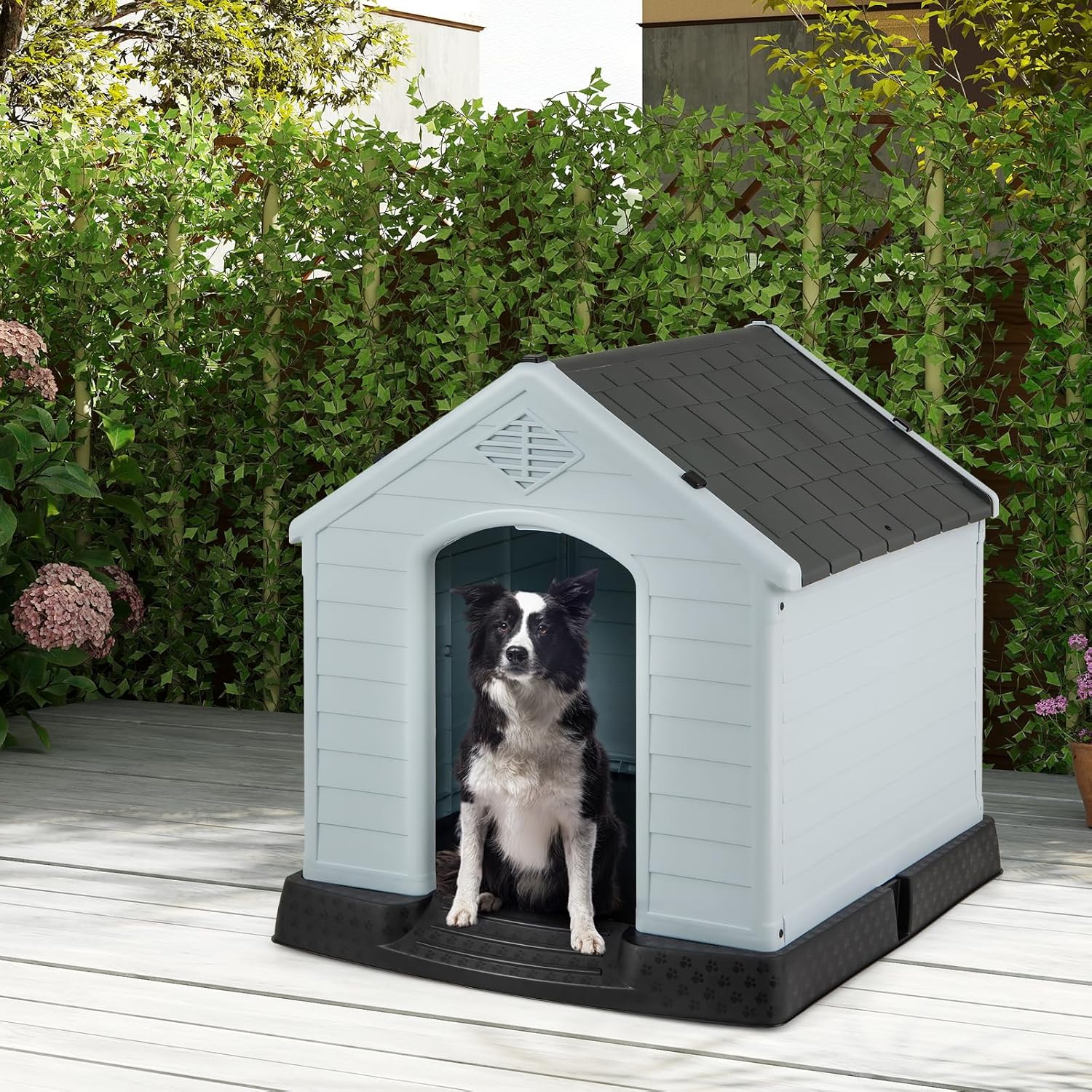 WSWJY Dog House for Medium Dogs, Waterproof Plastic Dog Houses with Air Vents and Elevated Floor, Easy to Assemble, Outdoor Cat House Feeding Station Indoor Patio Backyard Dog Kennel House, Gray