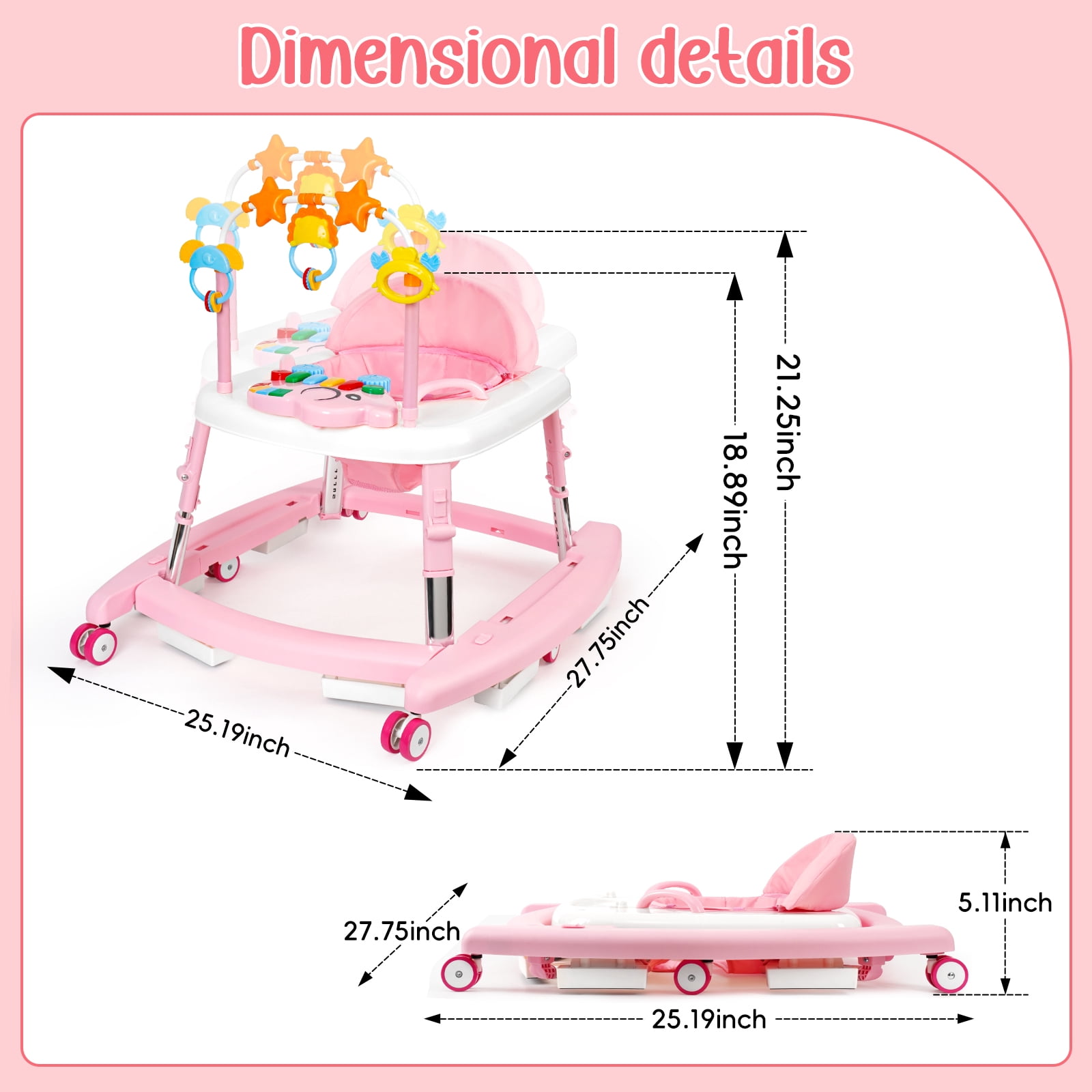 5-in-1 Foldable Baby Walker with Music & Lights – Adjustable Height, Wheels & Bouncer, Portable Toddler Walker for Baby Girls 6-18 Months, Pink
