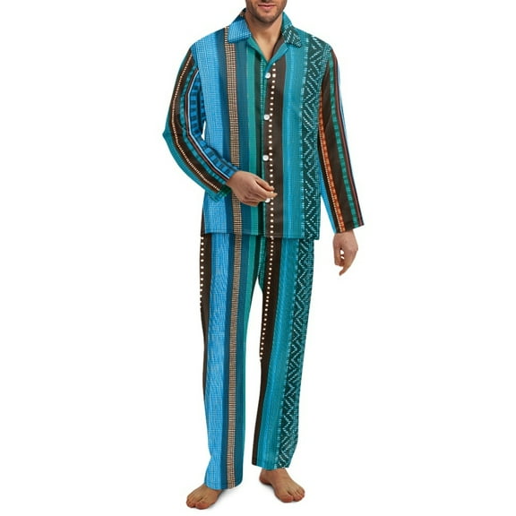 SCRAWLGOD Tribal Style Stripe Blue Mens Polyester Pajama Set, Breathable Long Sleeve Button Down Pajama Set for Men, Men's Sleepwear, Notch Collar Loungewear with Pockets, XS
