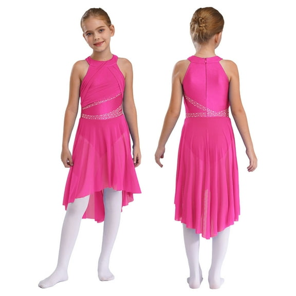 iiniim Kids Girls Shiny Rhinestone Sleeveless Lyrical Ballet Leotard Tulle Skirt Modern Contemporary Dance Dress Hot Pink 16