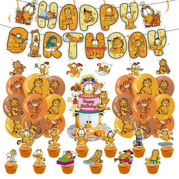 Cartoon Garfield Surprise Theme Birthday Party Decorations Set, Happy Birthday Celebrate Banner, Cute Cake Cards Balloons Scene Setting Props