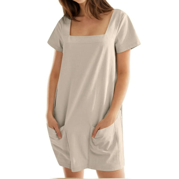 ZZwxWA Womens Solid Color Casual Summer Square Neck Short Sleeve Mini Dresses with Pockets Women's Sundress
