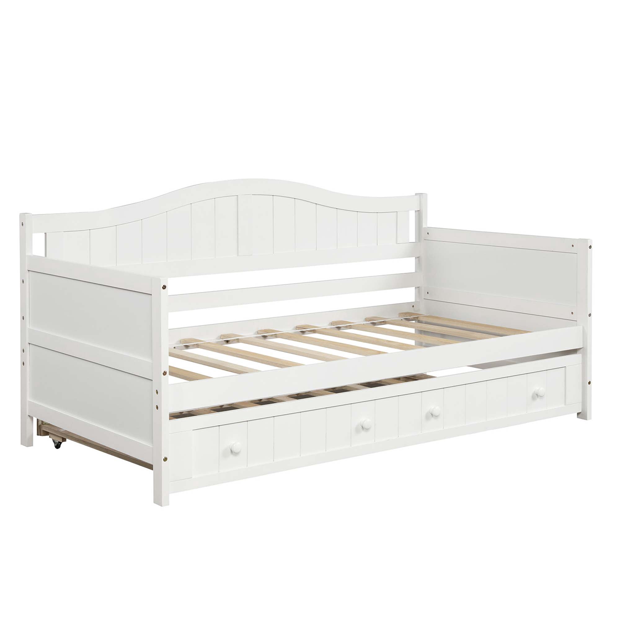 DEALTOPS Wooden Sofa Bed Frame for Bedroom Living Room with Trundle, White