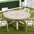 thumbnail image 5 of Boho Round Fitted Tablecloth with Elastic Edge,Water-Resistant Vintage Spring Light Pink Green Yellow Floral for 40-44" Found Tables Pastoral Flowers Leaf Table Cloth for Dinner,Outdoor,Patio, 5 of 8