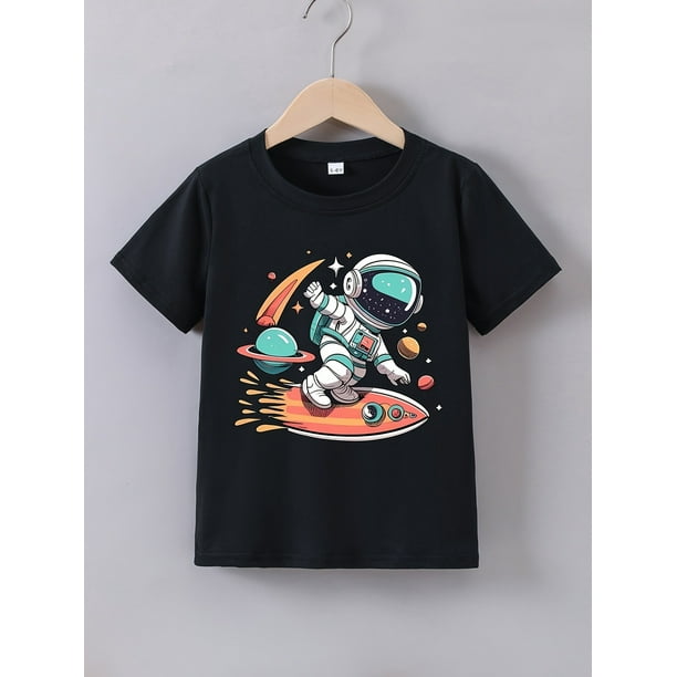Camiseta de cuello redondo con estampado de astronauta y cohete para niño, camiseta informal de manga corta, ropa de verano para uso diario.
