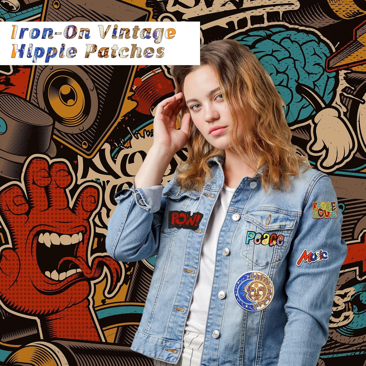 48 Pcs Iron On Patches Hippie Embroidered Patches Random Assorted Styles Kit Aesthetic Repair Appliques for Sewing DIY Jacket Hat Clothing Backpack Jean 1970s Party