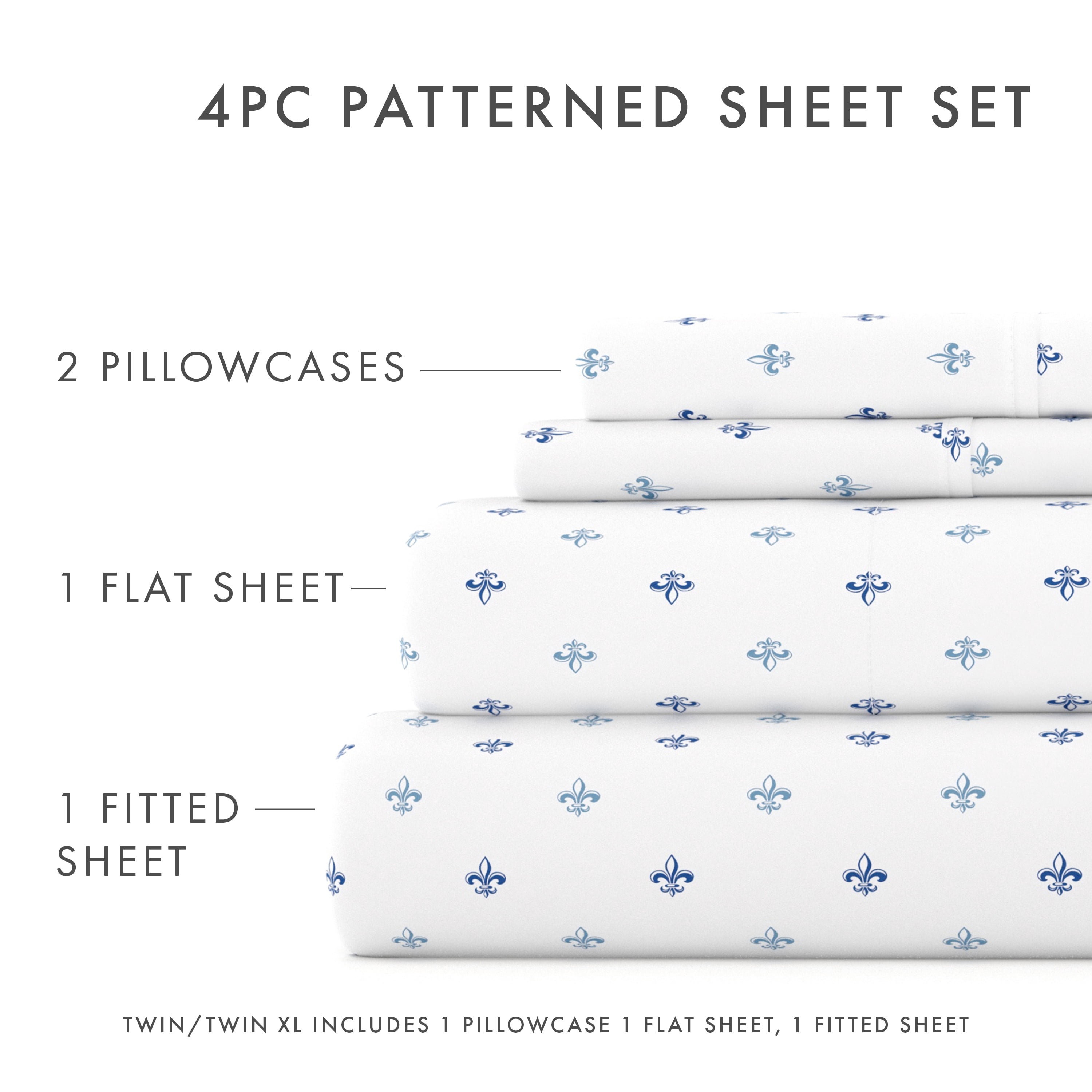 Noble Linens 4 Piece Pattern Microfiber Bed Sheets Set, Navy Lily, Queen