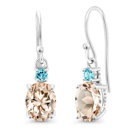 Gem Stone King 10K White Gold Peach Morganite and Swiss Blue Topaz Dangle Earrings for Women (2.16 Cttw, Gemstone Birthstone, Oval 8x6mm)