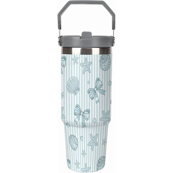 30 Oz Insulated Tumblers with Flip Straw Lid Top Handle Striped Bows Pink Leakproof Reusable Vacuum Stainless Steel Travel Coffee Mug for Car