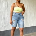 thumbnail image 2 of KHONTS Women's Ripped Stretchy Long Jean Shorts Mid Rise Frayed Cut off Bermuda Shorts Blue XL, 2 of 9