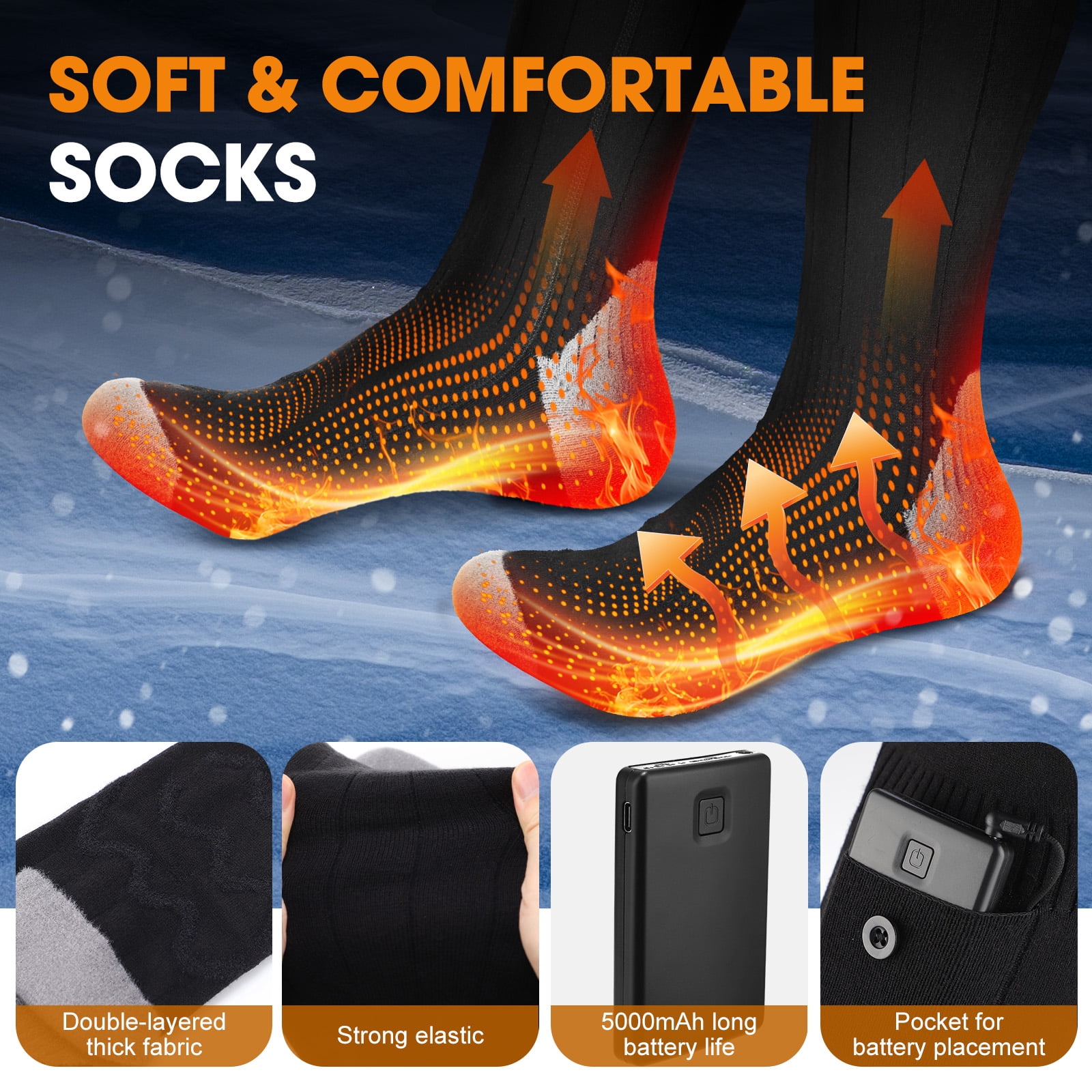ROMYSE 5000mAh Rechargeable Heated Socks for Men Women Washable Electric Thermal Warming Socks with APP Remote Control for Winter Biking Skiing Outdoors Fishing Camping,Ideal Gift Size 5–11