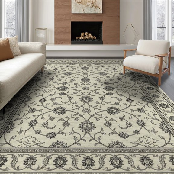 ODIKA 8'x10' Washable Area Rug Foyer Boho Faded Vintage Ornamental Framing Border Entryway Beige for Living Room, Under Sectional, Family , Durable, Non-Slip