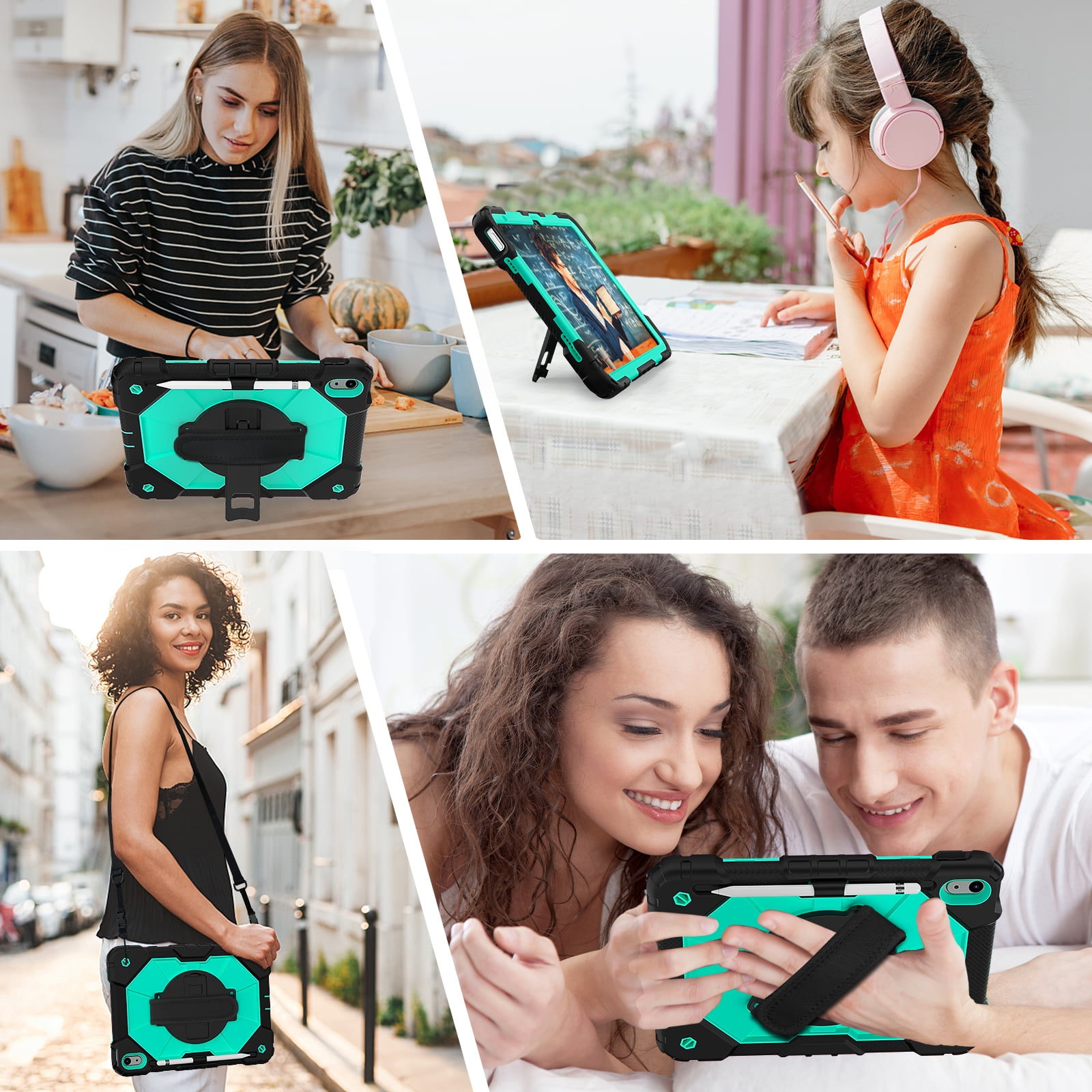 ELEHOLD Rugged Hybrid Case for iPad 11th Gen (A16) 2025 11-inch,with Built-in Kickstand 360° Rotating Handstrap Pencil Holder Crossbody Shoulder Strap Shockproof Heavy Duty Case,Black/Mint