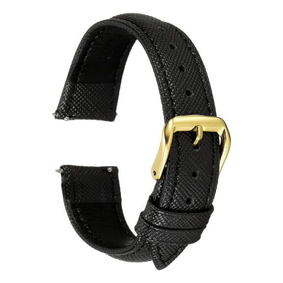 Uxcell Leather Watch Bands 18mm Thin Grain Replacement Cowhide Leather Strap Women Men Watch Strap, Black Gold Tone