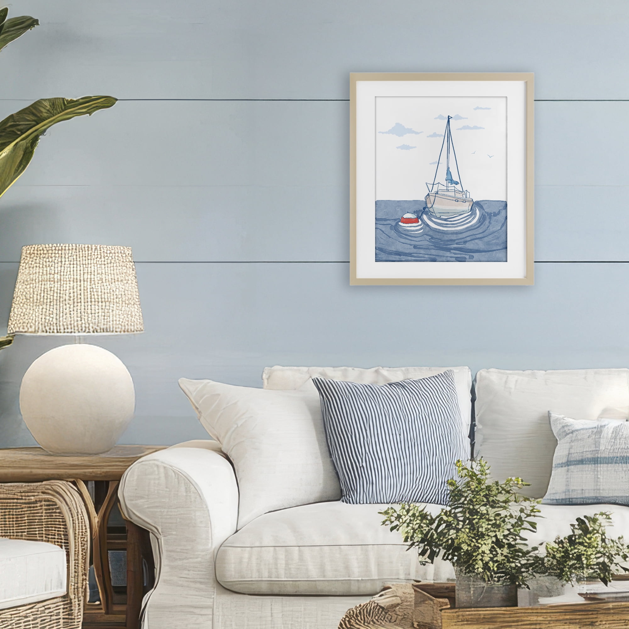 Stupell Industries Cool Tone Sailboat Floating Birch Framed Print Under Glass, design by Melissa Tilley