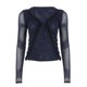 thumbnail image 1 of Women's Open Front Tie Long Sleeve T-Shirt Ruffle Trim Sheer Mesh Crop Tops Blouses Fashion Going Out Tops Shirt Blue L, 1 of 5