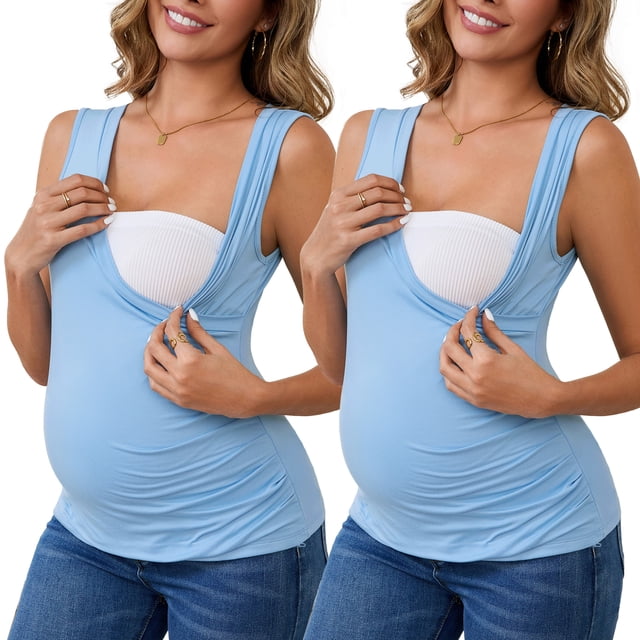 Camiseta básica sin mangas para maternidad con fruncido cruzado de 2 paquetes INSPIRE CHIC para mujeres, tops de lactancia, tamaño grande, 2 paquetes, azul