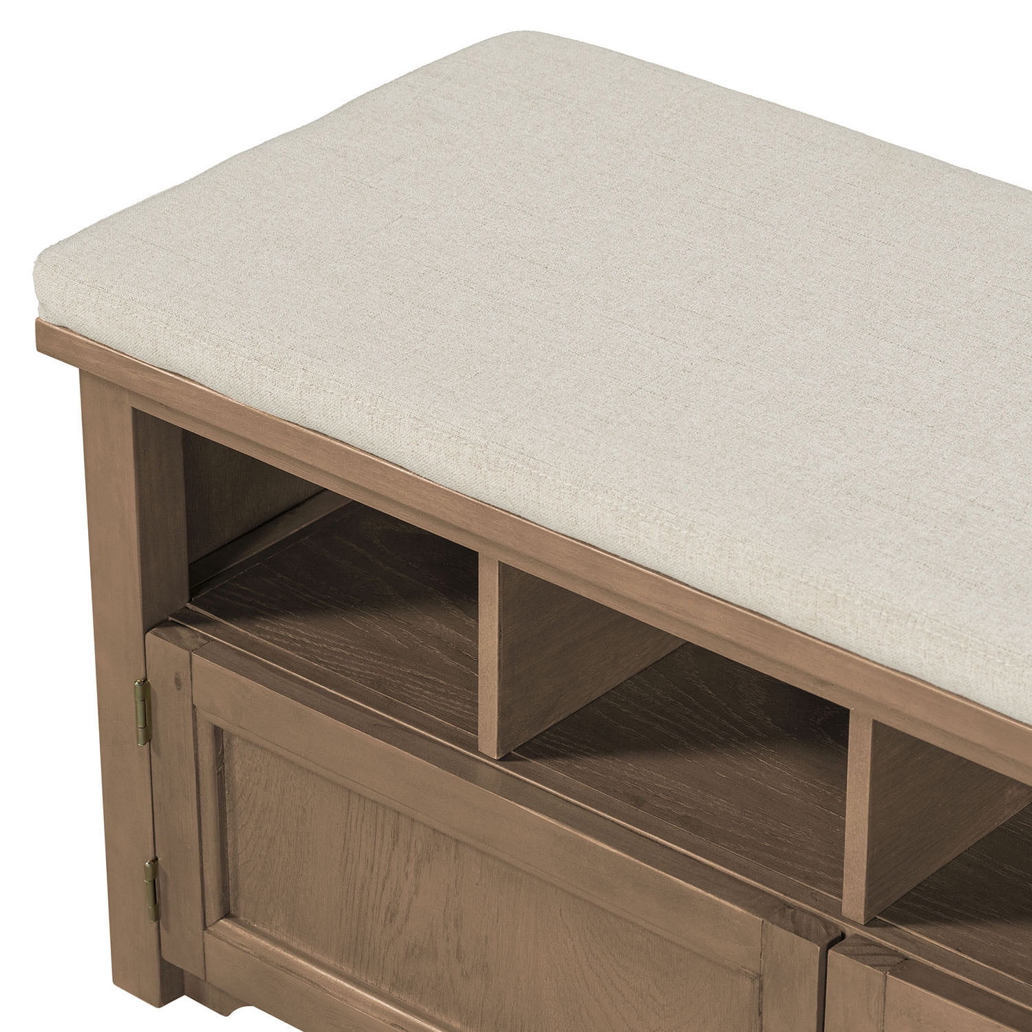 Kadyn Rustic Style Two-Door Storage Bench, Shoe Entryway Bench with Linen Upholstered Top Cushion, Pine Organizer Footrest Bench Ottoman for Entryway, Brown Kadyn Rustic Style Two-Door Storage Bench, Shoe Entryway Bench with Linen Upholstered Top Cushion, Pine Organizer Footrest Bench Ottoman for Entryway, Brown
