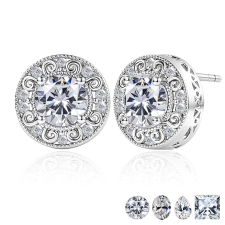 JeenMata 2 Carat Moissanite Vintage Round Cut Stud Earring - in 18K White Gold Plating for Women Earrings