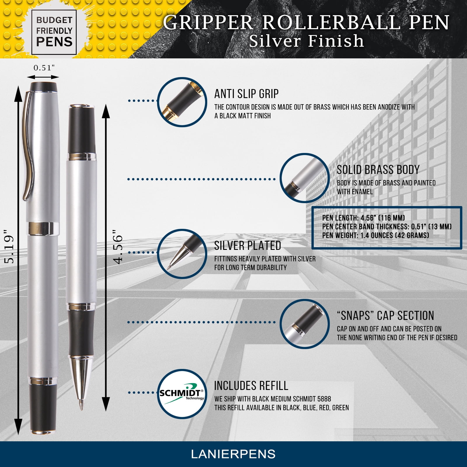 Gripper Silver Roller Ball Pen - Medium Tip Point 0.7mm Black Ink Refill