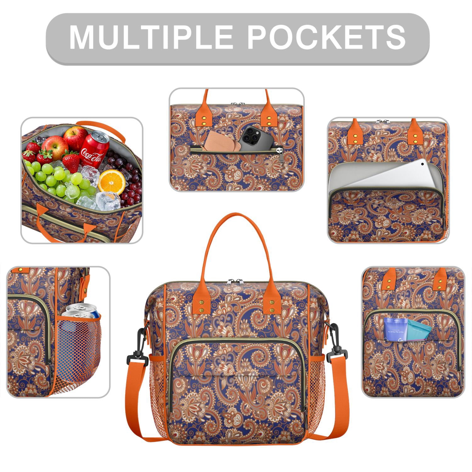 Insulated Lunch Bag with Paisley and Floral Design – Waterproof Large Lunch Box for Women Ideal for Work or Outdoor Picnic