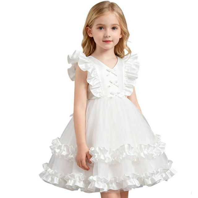 oqasdz Robe Fille Élégante Robe de Fête Fille avec Manches Bouffantes et Jupe et Tenue de Performance pour Tout-Petits à Enfants Tenue Formelle
