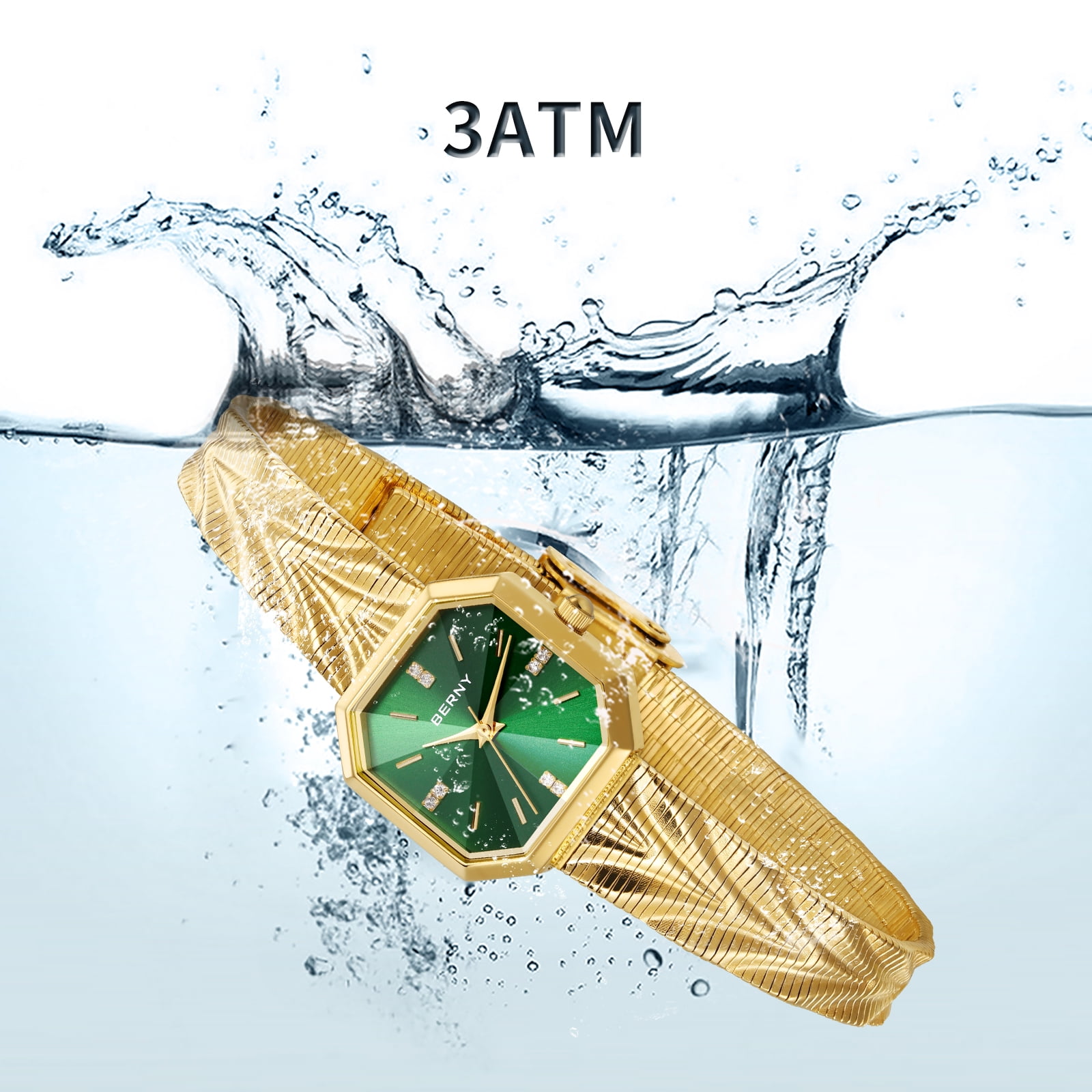 BERNY Small Gold Watches for Women, Dainty Luxury Diamond Dial, Stainless Steel Bracelet Watch, Fashion Ladies Analog Quartz Watch, Minimalist Waterproof Womens Wristwatch Gifts (Green)