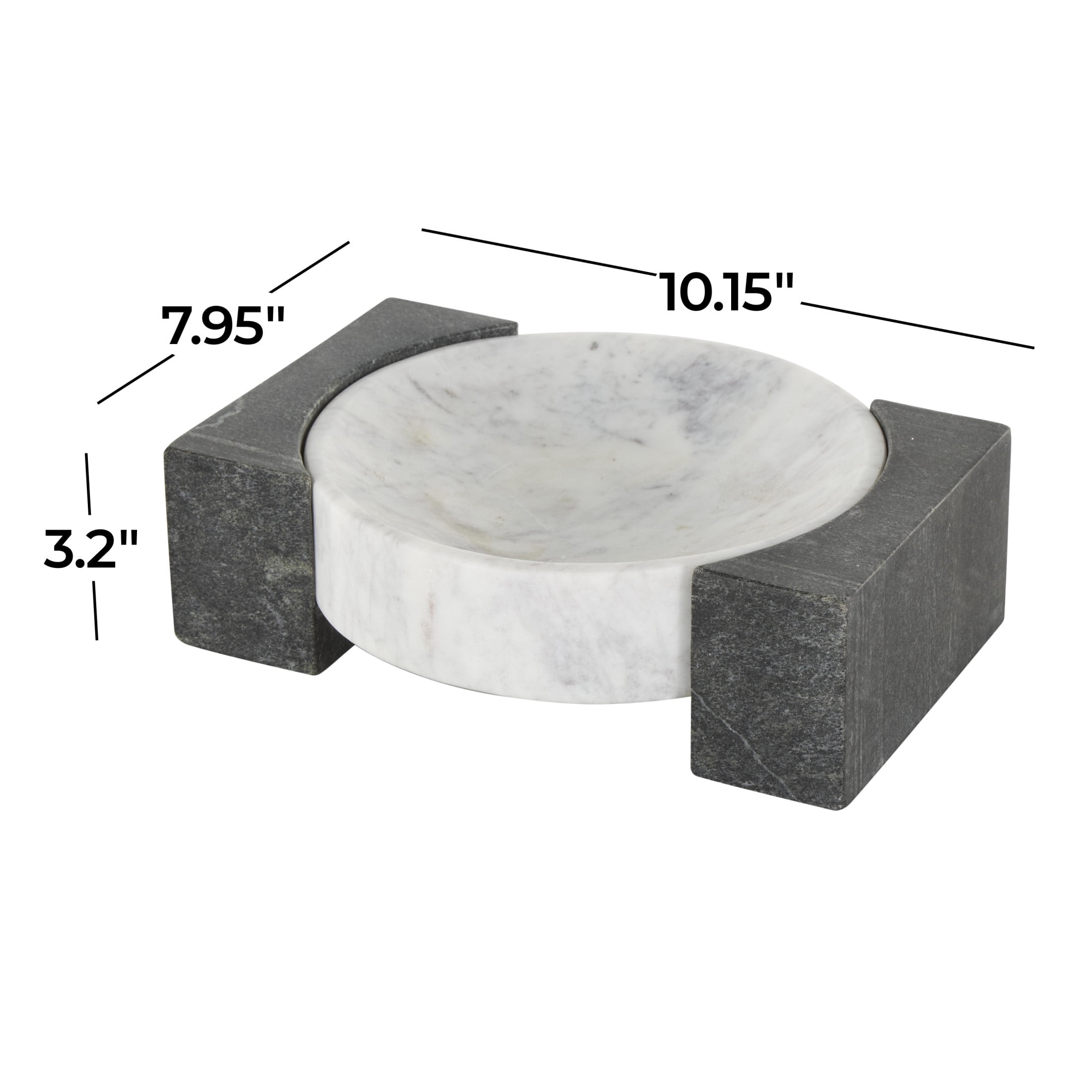 DecMode 10" x 8" White Marble Round Geometric Tray with Black Rectangular Blocks, 1-Piece