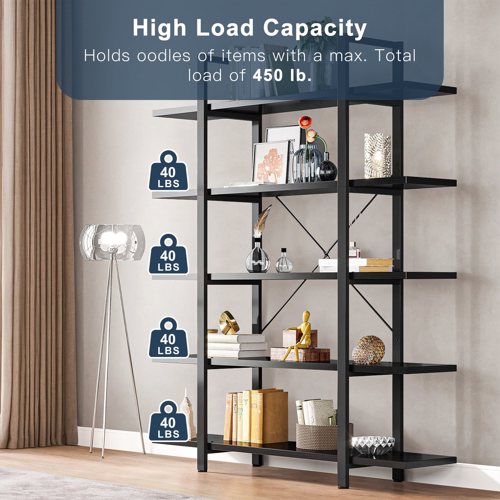 Demi Bonn 5 Tier Bookshelf, Bookshelves, Open Etagere Bookcase Shelf Storage Organizer, Free Standing Storage Shelving Unit for Bedroom, Living Room and Home Office, Black